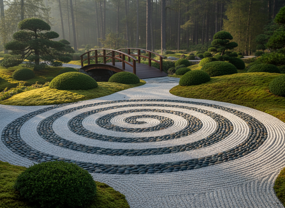 A meticulously arranged circular stone path composed of smooth, varied river stones in shades of charcoal, sand, and soft jade, forming an elegant spiral on a raked white gravel surface. The path is nestled in a minimalist garden with low moss mounds, sculpted shrubs, and a single, gracefully arched wooden bridge in the distance. Early morning natural light filters through unseen trees, casting delicate, elongated shadows that emphasize the spiral’s geometry. Photographed at a slightly elevated angle with sharp focus throughout, the composition feels contemplative and balanced. The atmosphere is serene and sophisticated, symbolizing a lifelong journey of self-mastery, rendered in photographic realism with a clean, modern wellness aesthetic.