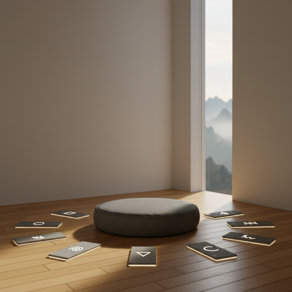 A refined meditation corner featuring a low, charcoal-gray cushion with a subtly woven linen texture, centered on a warm bamboo floor. Surrounding it are eight slim stone tiles set into the floor in a graceful arc, each tile engraved with a simple geometric symbol that glows faintly from embedded, non-text light. A tall, matte-white wall rises behind, interrupted only by a narrow vertical window revealing distant mountains softened by morning mist. Diffused dawn light spills in, washing the scene in a quiet silver-gold tone and casting gentle, elongated shadows from the cushion and tiles. Shot at eye level with a slight side angle and shallow depth of field, the composition feels intimate, minimalist, and deeply calming, evoking disciplined yet inclusive self-practice in photographic realism.