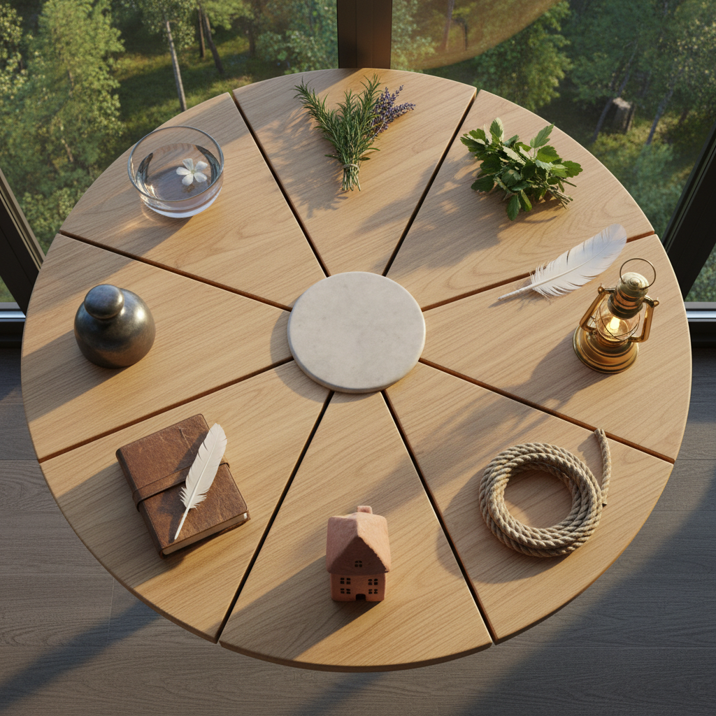 An expansive wooden table made of pale, finely grained oak, divided into eight subtle inlaid segments radiating from a central, polished stone disc. On each segment rests a distinct natural object: a small water-filled glass bowl, a sprig of herbs, a smooth metal weight, a tiny glowing lantern, a textured journal, a single feather, a coiled length of soft rope, and a miniature clay house. The table sits beside a floor-to-ceiling window overlooking a tranquil forest. Late afternoon light pours in, creating gentle highlights on wood and objects, with soft shadows defining each segment. Captured from a directly overhead, bird’s-eye view, the image has a refined, symbolic quality, illustrating eight dimensions of wellness with photographic realism and a calm, contemplative mood.