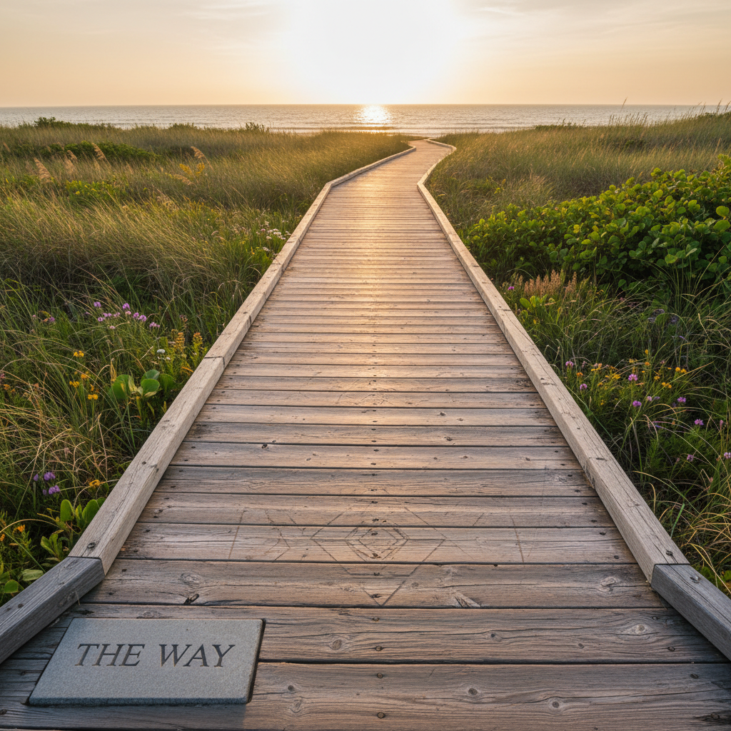 A long, gently curving boardwalk crafted from weathered cedar planks, each plank subtly etched with barely visible geometric marks, stretching toward a distant horizon where sky and water meet. On both sides, diverse coastal vegetation—tall grasses, resilient shrubs, and low wildflowers—sway in a quiet breeze, hinting at varied life paths and abilities supported along the way. Golden hour sunlight bathes the scene in warm, honeyed tones, catching the textures of the wood and casting rhythmic shadows between the planks. Photographed from a low angle at the boardwalk’s edge, the lines lead the eye forward, emphasizing journey and progression. The mood is expansive, hopeful, and contemplative, with photographic realism and a clean, natural aesthetic befitting a sophisticated wellness path called “The Way.”