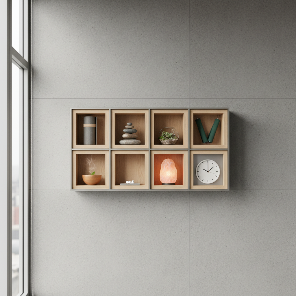 A sleek, wall-mounted organizer made of pale maple wood and brushed metal, structured as an elegant grid of eight open compartments. Each compartment contains a non-human symbol of wellness: a rolled yoga mat, a balanced stack of river stones, a small terrarium, a pair of intertwined resistance bands, a ceramic bowl of tea, a glowing salt crystal, a closed laptop with earbuds resting on top, and a simple analog clock. The organizer is set against a smooth stone wall in a modern loft space, with diffused overcast daylight entering through off-frame windows, creating soft, even illumination and faint, refined shadows. Framed straight-on with precise symmetry and sharp focus, the photographic realism and pared-back composition convey sophisticated order, balance, and harmony across the eight dimensions of wellness.